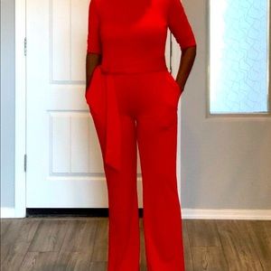 Mid sleeve Collard Nexk Belted Jumpsuit, Red, Medium